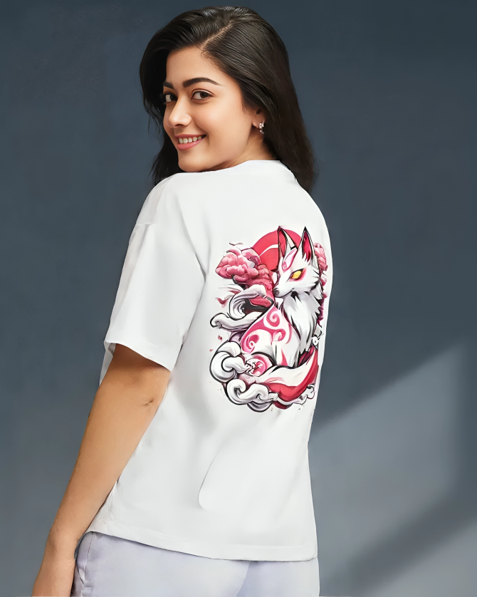 White Oversized Unisex Fox Creative Edition Terry T-Shirt !